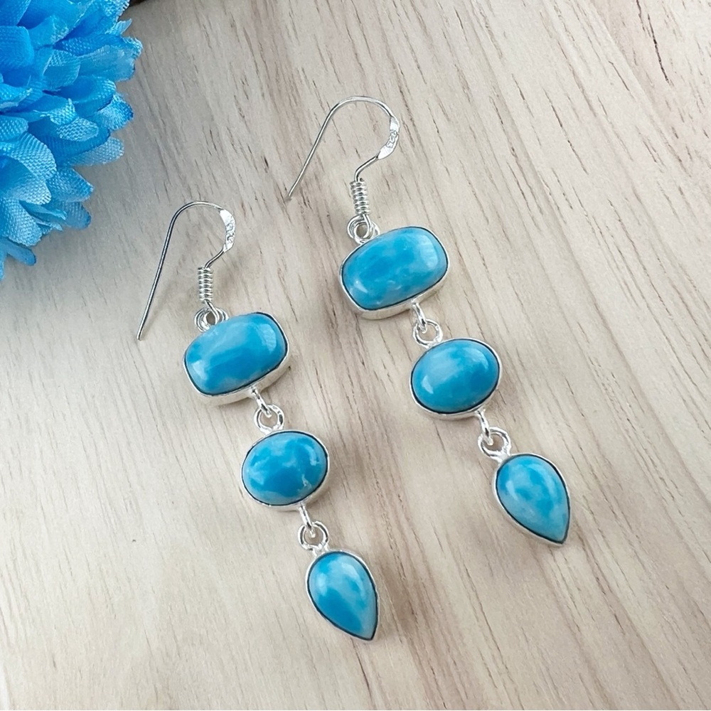 Solid 925 Set Blue Jasper Pink Opal Larimar Pendant Spinel Necklace Earrings - Picture 2 of 8